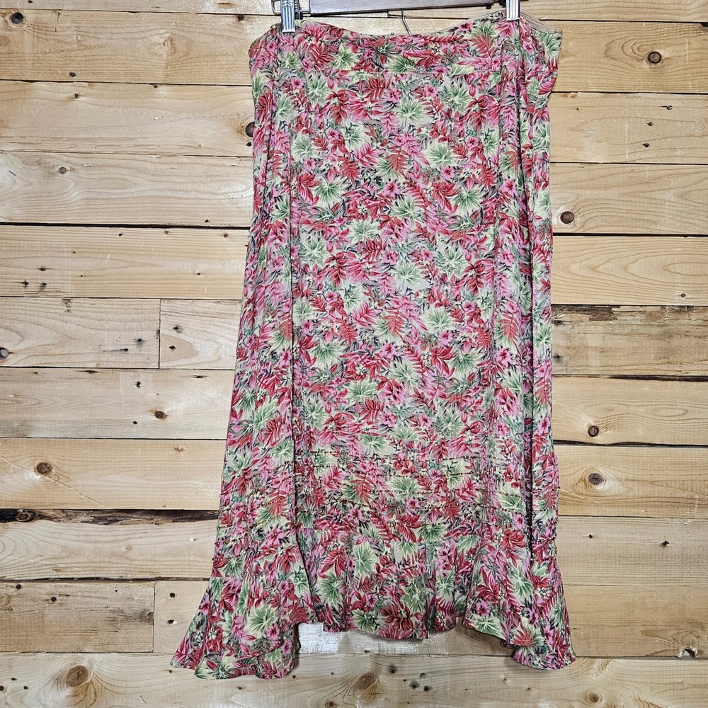 April Cornell Pink Floral Beaded Ruffle Hem Rayon Midi Skirt Large - Picture 5 of 9
